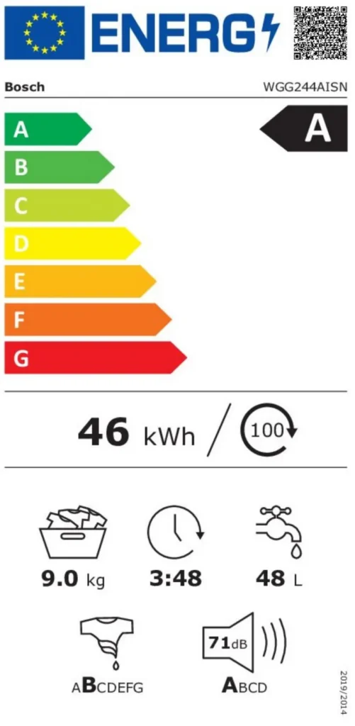 Vaskemaskine Bosh Serie 6 Model WAU28TI9SN Energimærke