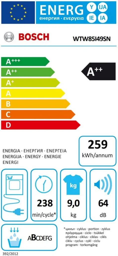 Bosch Tørretumbler Serie 6 WTW85I49SN Energimærke