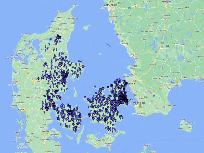 WhiteOn Dækningskort - Her kan vi levere til vores kunder i Danmark. Lej en vaskemaskine med livstidsgaranti.